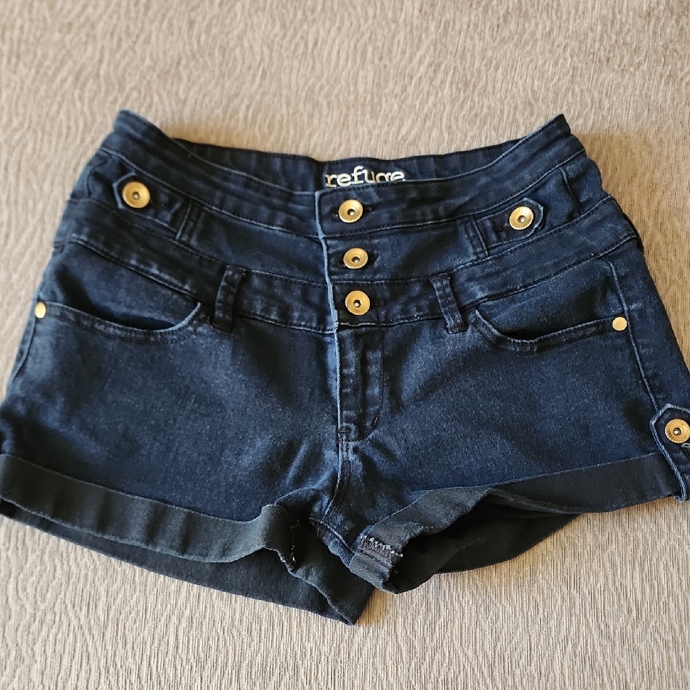 Refuge Dark Blue Jean Shorts with Gold Buttons